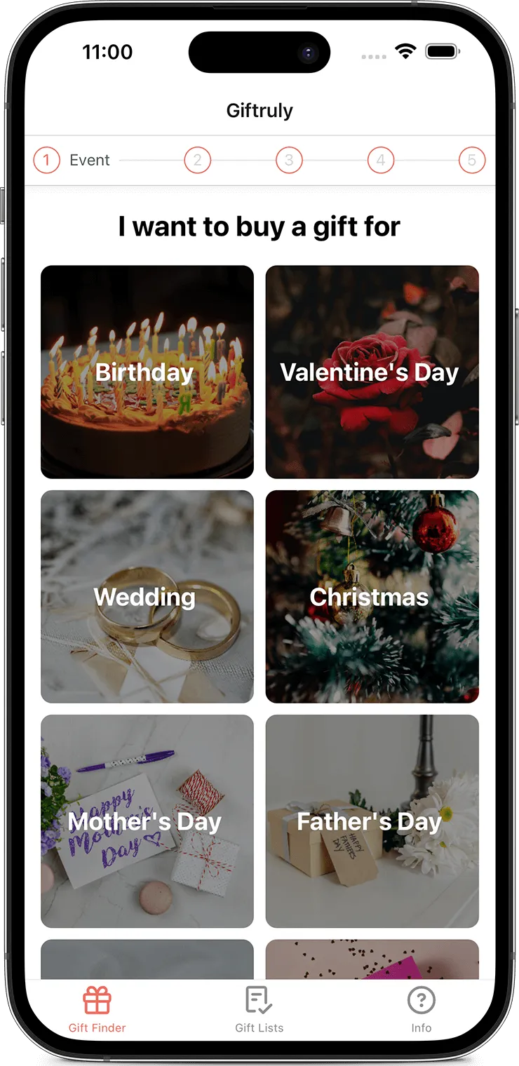 Giftruly mobile app occasion picker: Birthday, Valentine's Day, Wedding, Christmas