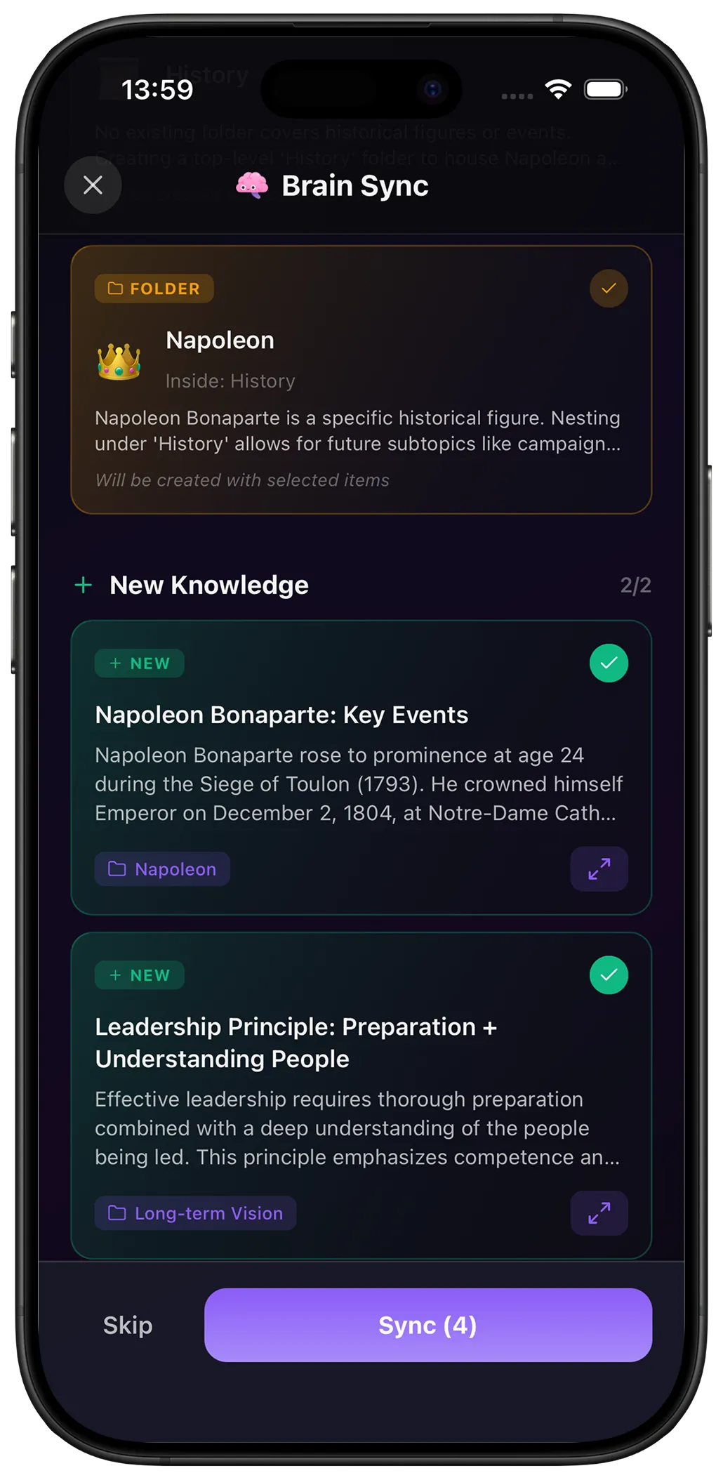Prismo Knowledge Sync review screen proposing a new folder and two new notes