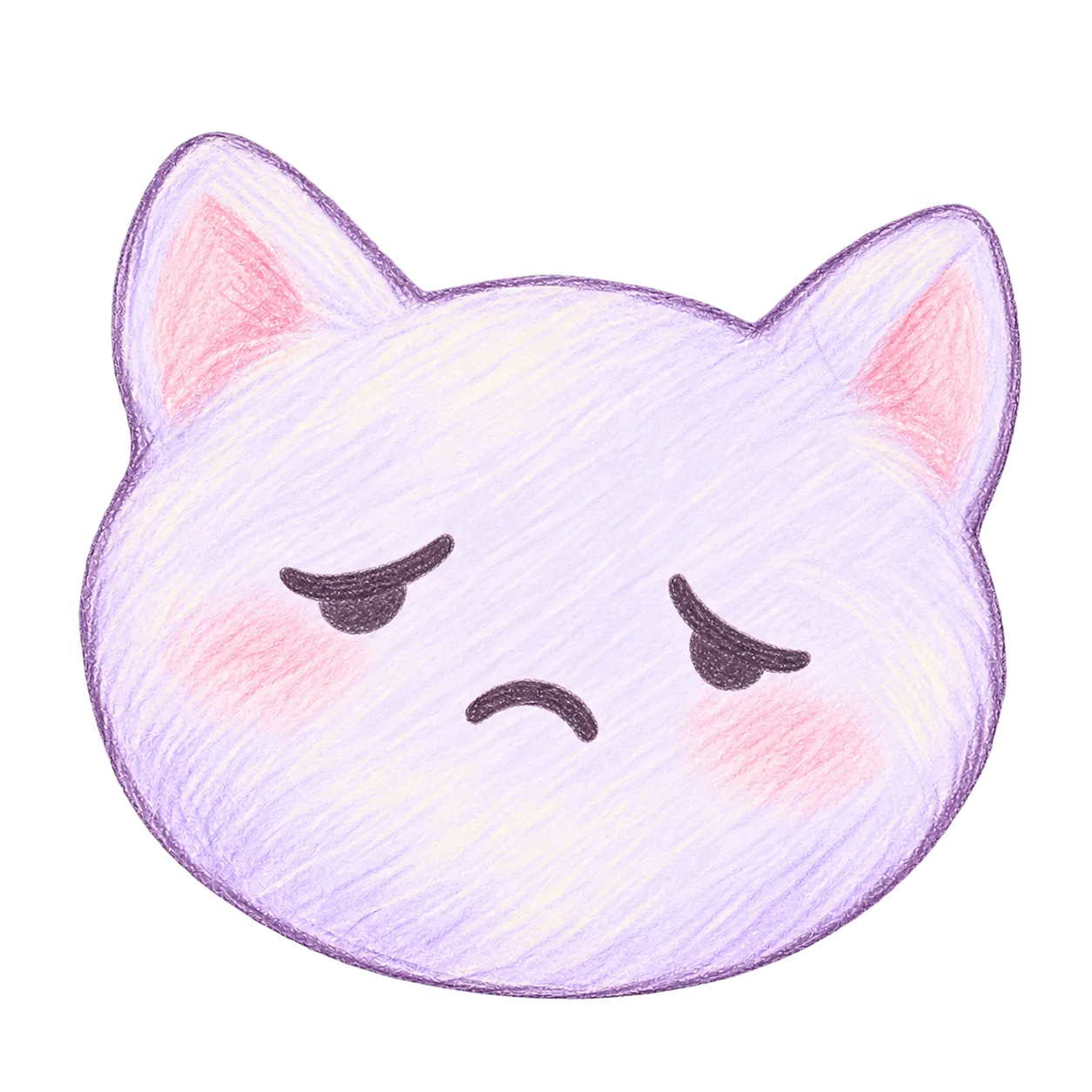 Lilac pencil-drawn cat looking down: mood 'Low'